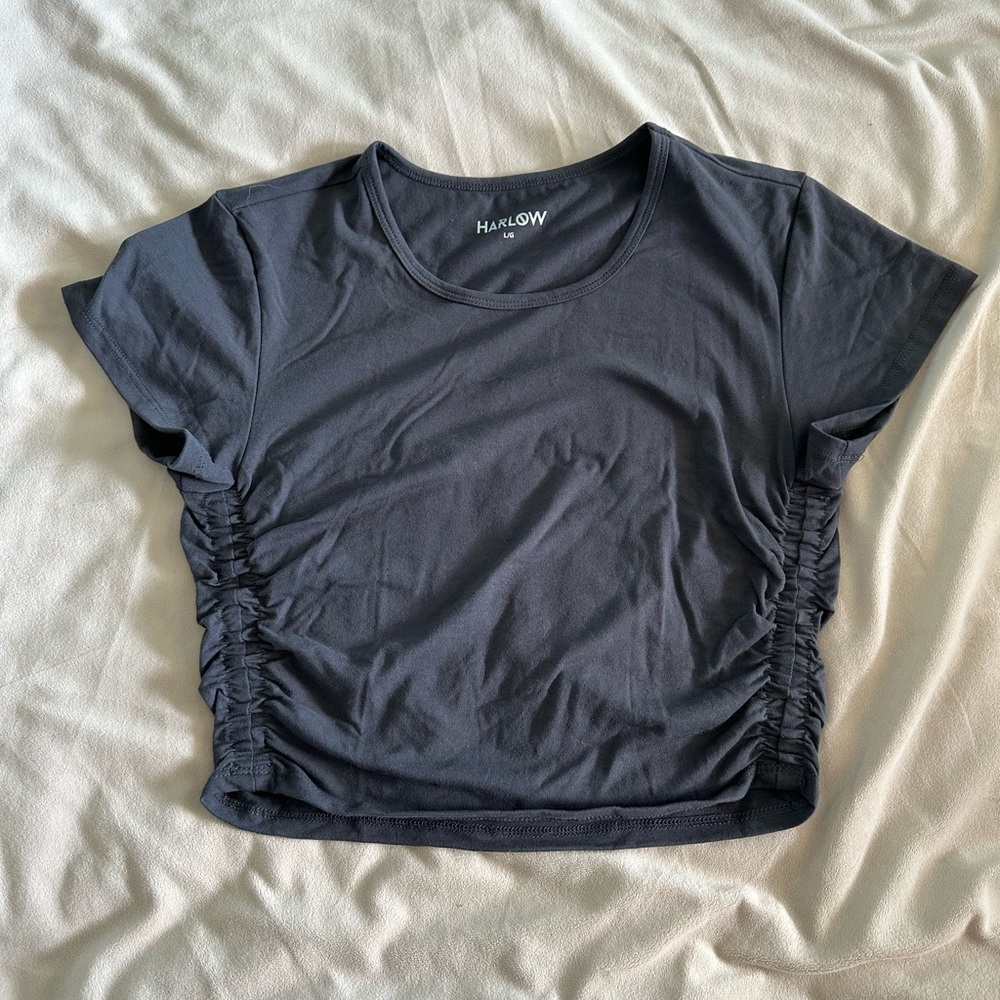 Harlow Charcoal Gray Ruched Cap Sleeve Crop Tee